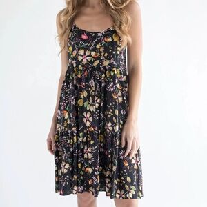 Madi Slip Dress by Natural Life. Black floral Pink and Yellow Midi Sundress.